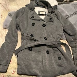 Gray with black buttons, white Sherpa lined pea coat size s removable hat